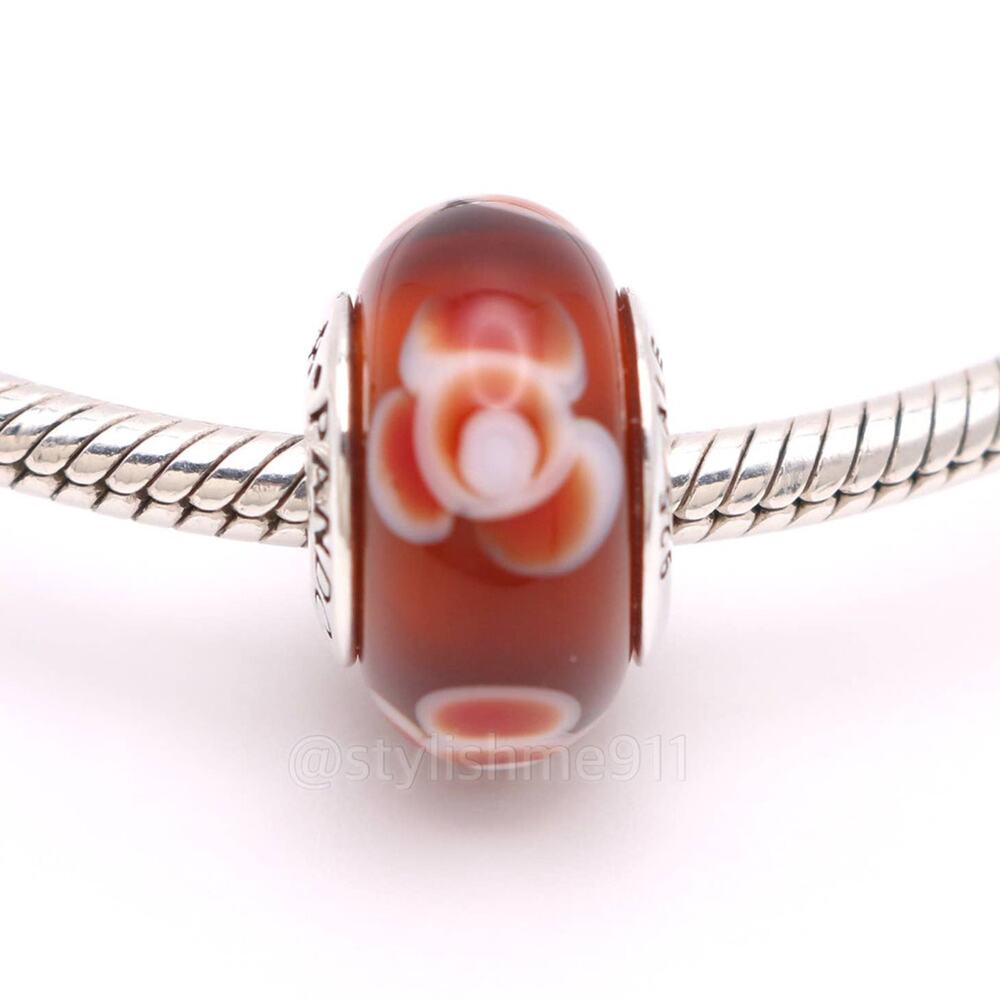 Authentic PANDORA Brownish Red Flower Glass Murano